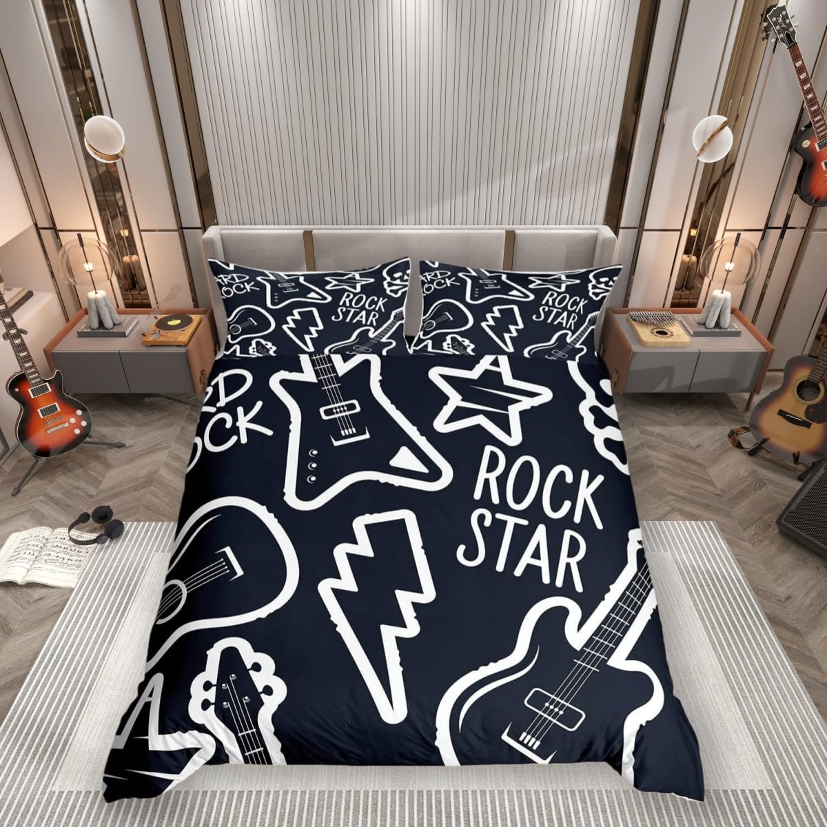 feelingyou Black to Blue Rock Star Style Comforter Cover Set for Kids Girls Teens White Guitar Pattern Duvet Cover Microfiber Quilt Cover Decor 3Pcs Bedding with 2 Pillowcase King (No Comforter)