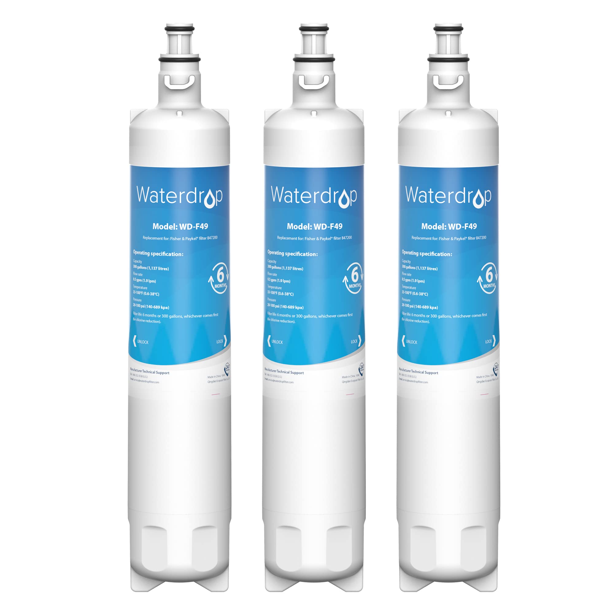 Waterdrop 847200 Fridge Water Filter, Compatible with Fisher & Paykel 847200, RS9120W Activesmart Integrated and More - for Product Codes Starting with 25xxx (3)