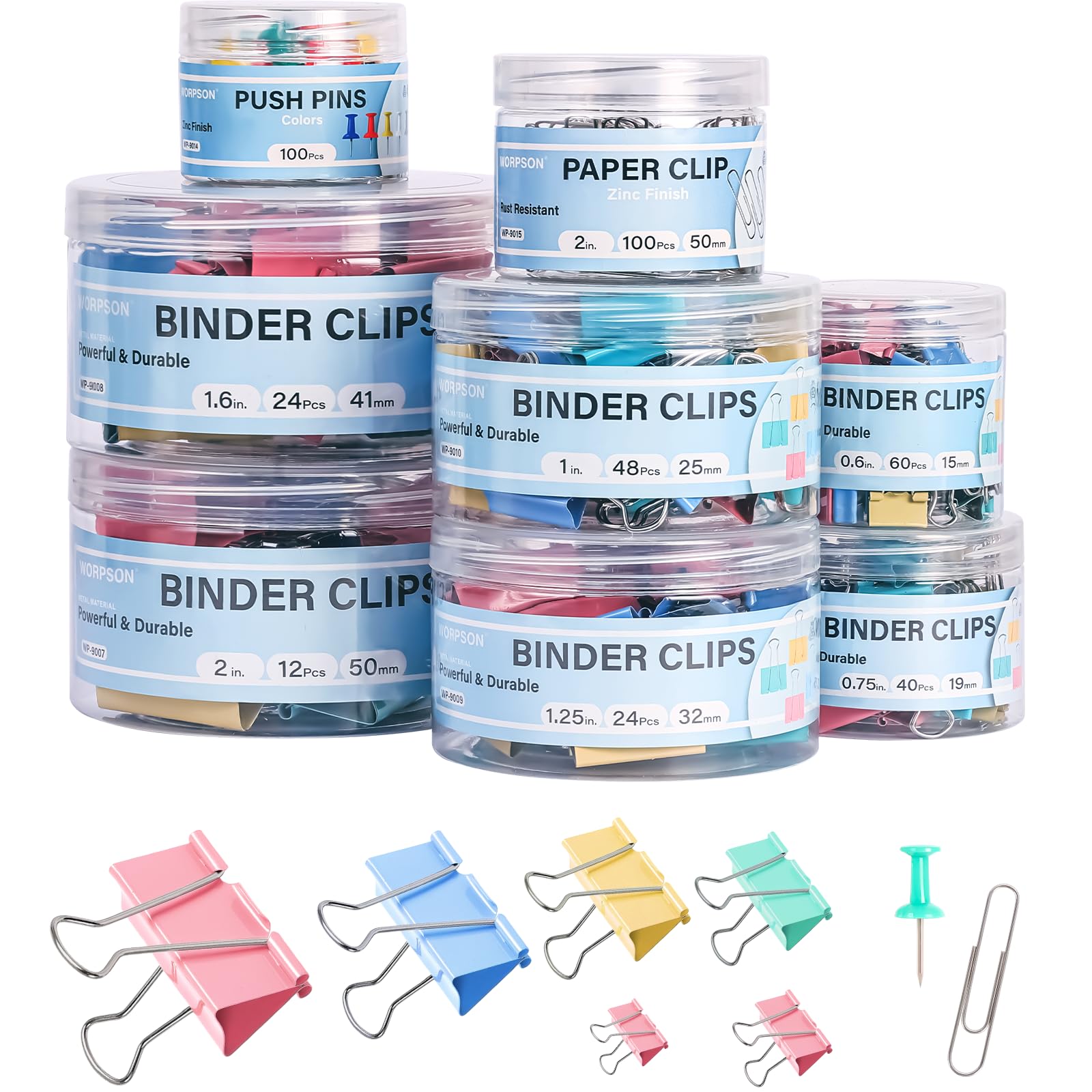 Photo 1 of WORPSON 408 PCS Binder Clips Paper Clamps Assorted Sizes and Push Pins, Binding Paperwork Clamp Bulk, School Teachers Office Supplies (Multicolor)