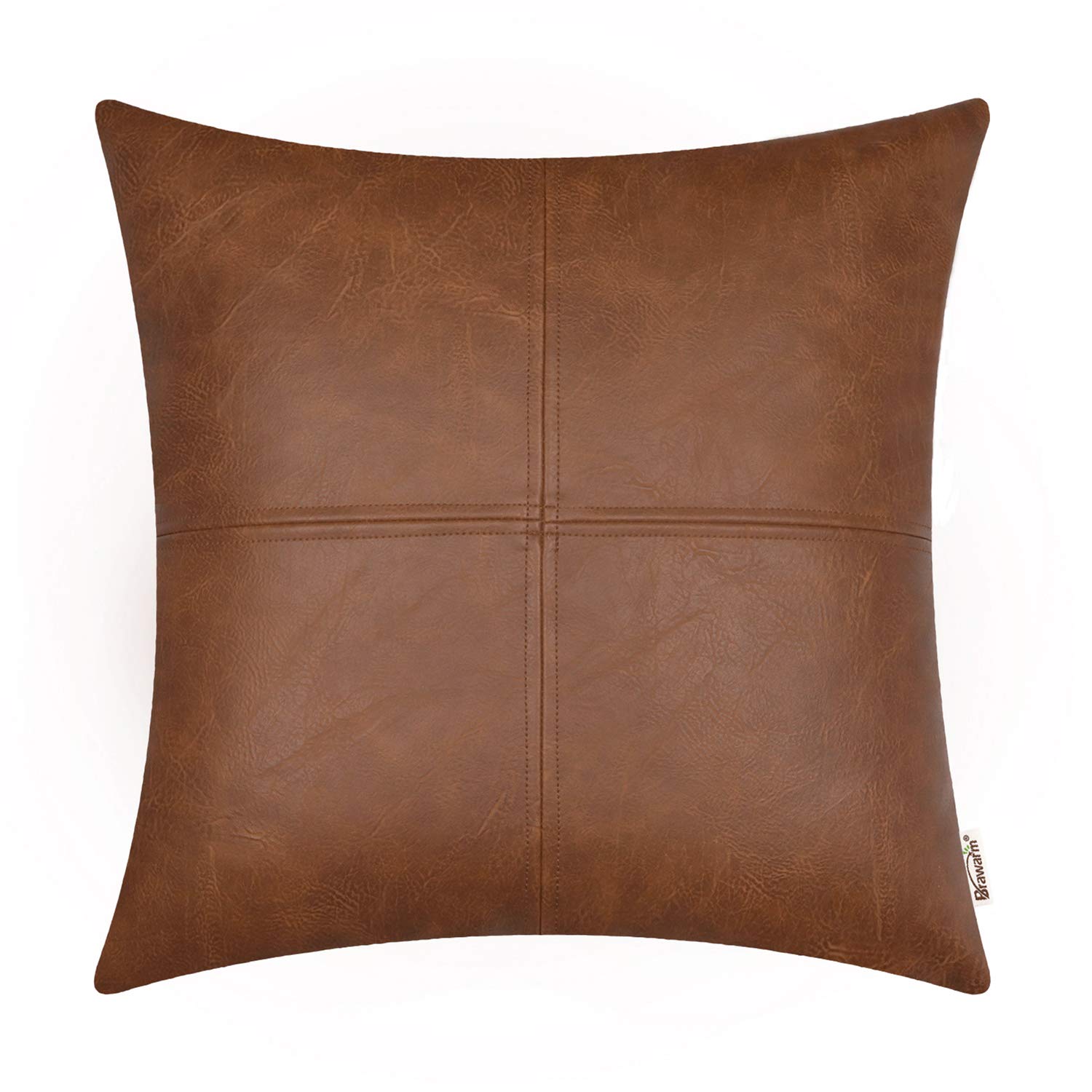BRAWARM Decorative Throw Pillow Covers, Faux Leather Throw Pillow Covers, Hand Stitched Faux Leather Couch Cases for Living Room Garden Bed, Brown, 45cm x 45cm