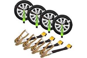 DIGANK Wheel Tie Down Straps (4PK) – 2'' X 96'' Webbing with Flat Hooks for Easy Tire Hauling on Trailers, Cars, SUVs, and Sports Vehicles