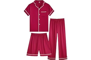 OEIU Girls Boys Silky Satin Pajamas Set 3 Pcs for Kid Children Silk pjs Set Sleepwear Button-up Nightwear