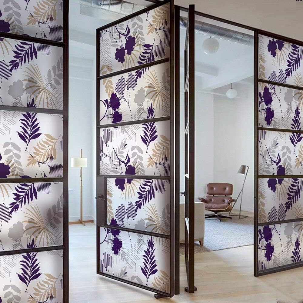 ZKAMANG Purple Leaves Vinyl Glass Sticker, European Window Decorative Stained Film, Frosted Opaque Removable Glass Film 58X 90 Cm