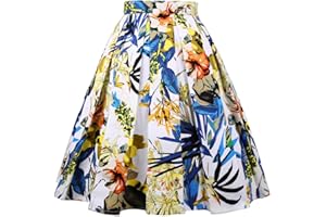 Girstunm Women's Pleated Vintage Skirt Floral Print A-line Midi Skirts with Pockets