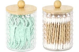 DAPOWER 2 Pack Qtip Holder Bathroom Storage Canister for Cotton Ball Cotton Swab Pads Floss, Small Plastic Jars with Lids (Clear & Bamboo Lid, 2 Pack)