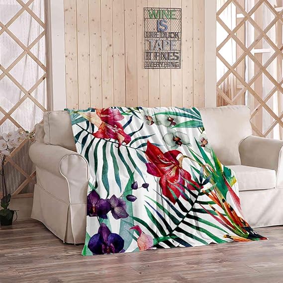 Kuidf Watercolor Flower Throw Blanket Tropical Wild Orchid Flowers Palm