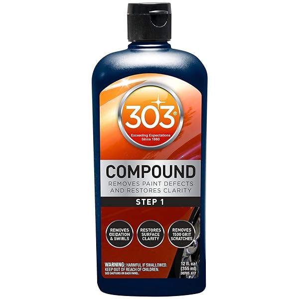 303 PRODUCTS COMPOUND – REMOVES PAINT DEFECTS AND RESTORES CLARITY – REMOVES OXIDATION AND SWIRLS – RESTORES SURFACE CLARITY – REMOVES 1500 GRIT SCRATCHES (STEP 1), 12 FL. OZ. (30705)