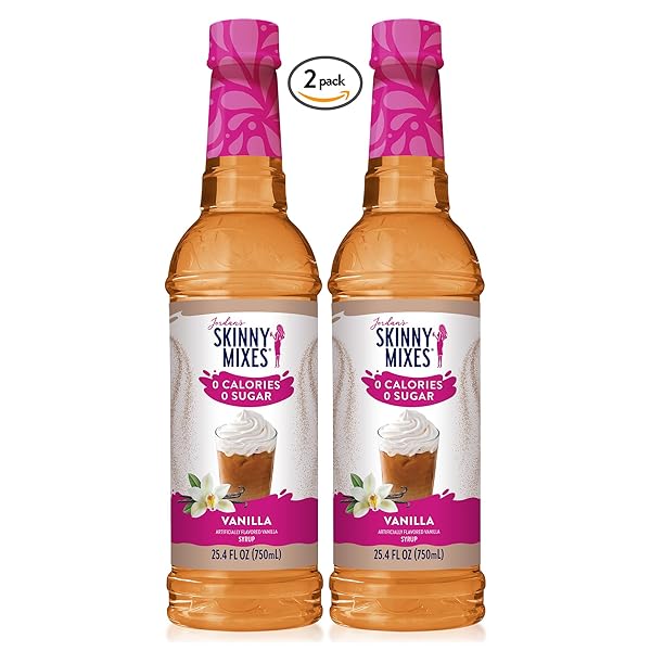 JORDAN’S SKINNY MIXES SUGAR FREE COFFEE SYRUP, VANILLA COFFEE FLAVORING SYRUP, ZERO CALORIE DRINK MIX, LATTES, BAKING, PROTEIN SHAKE OR COCKTAIL, DAIRY & GLUTEN FREE, KOSHER, 25.4 FL OZ, 2 PACK