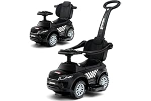 OLAKIDS 4 in 1 Ride on Push Car, Toddlers Stroller Sliding Walking with Horn, Music, Lights, Removable Guardrails and Handle, Underneath Storage, Foot-to-Floor Walker for Boys Girls (Dark)