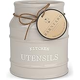 Barnyard Designs Ceramic Farmhouse Utensil Holder for Kitchen Counter, Large Rustic Utensil Crock, Countertop Cooking Tool Spatula Organizer, 6.75” (Taupe)