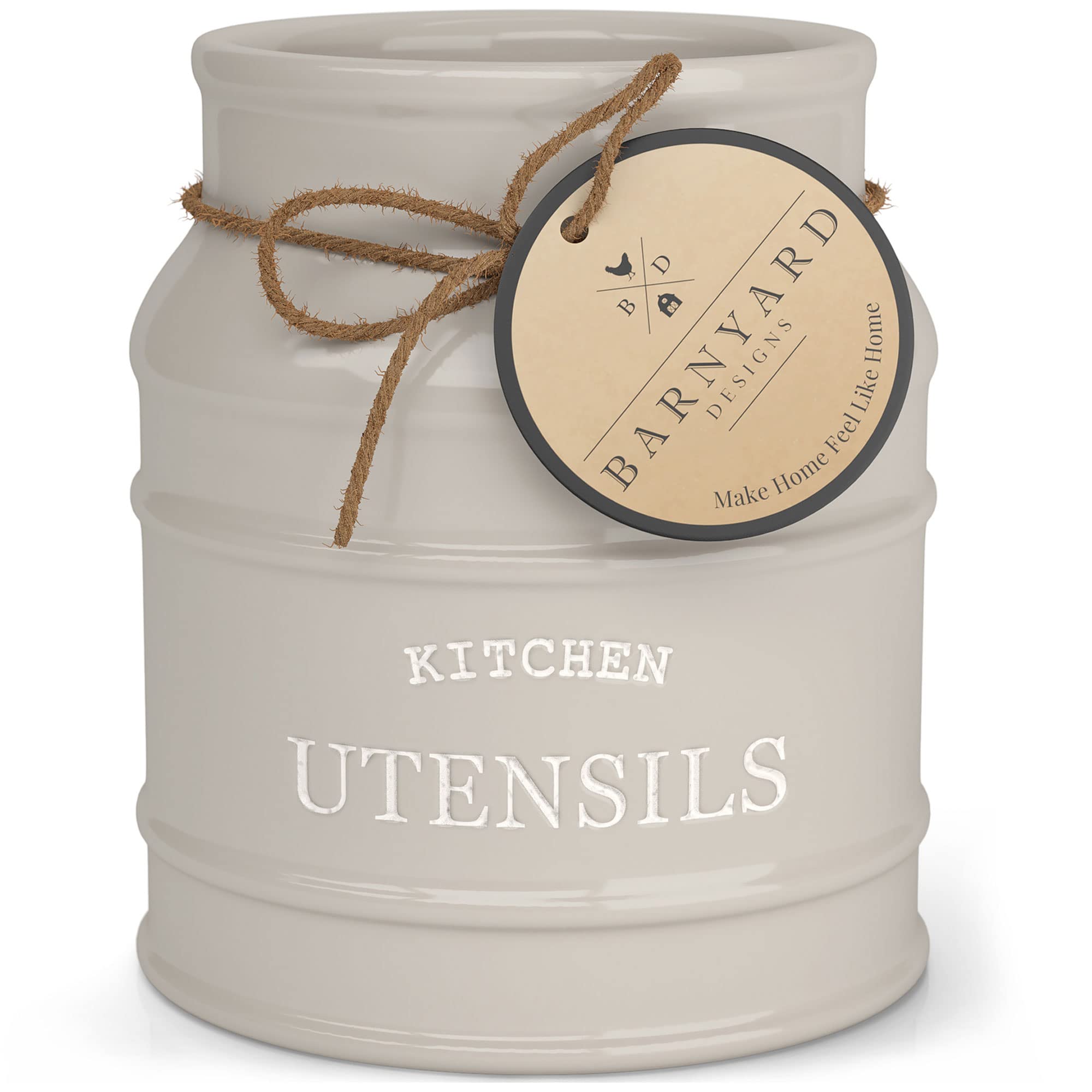 Barnyard Designs Ceramic Utensil Crock Holder for Kitchen Counter, Rustic Farmhouse Countertop Decor, French Country Organizer for Cooking Utensils, Taupe, 15 x 17cm