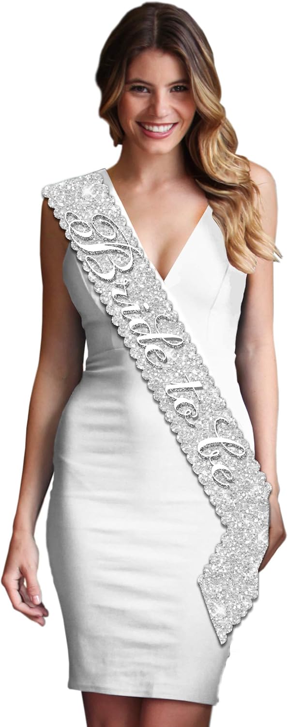 Bride To Be Sparkle Silver Sash - Premium BRIDAL Scalloped Sash for Bachelorette Party - Bridal Shower Decorations & Supplies - Silver: Clothing