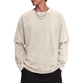 BeWithYou Oversized Layered Long Sleeve Shirts for Men 2 in 1 Acid Wash Tshirt Vintage Y2k Streetwear Shirt Crewneck Tee Tops
