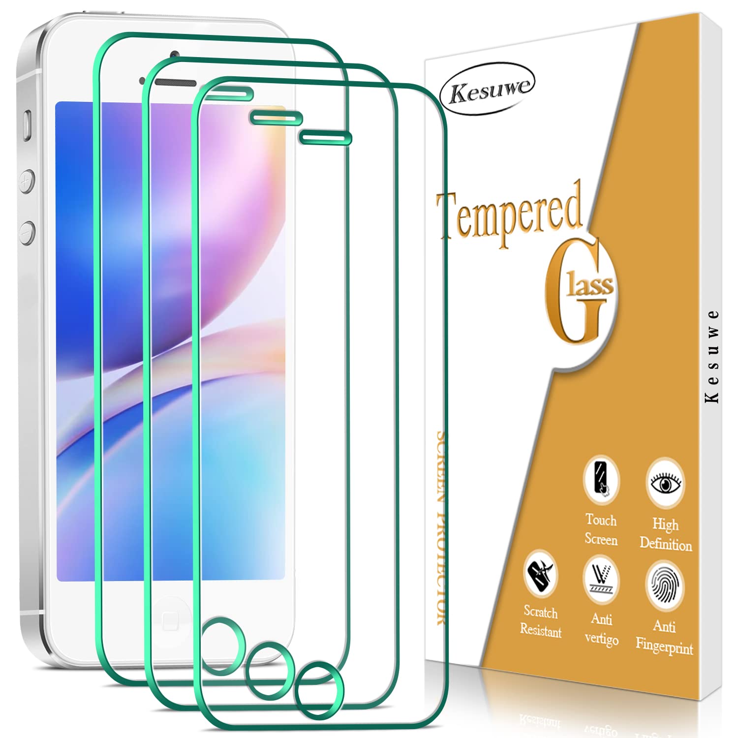Kesuwe [3 Pack] Screen Protector for iPhone SE 2016, iPhone 5, iPhone 5S, iPhone 5C, Anti Scratch, 9H Hardness Tempered Glass, Bubble Free, Easy Installation, Case Friendly — image 1