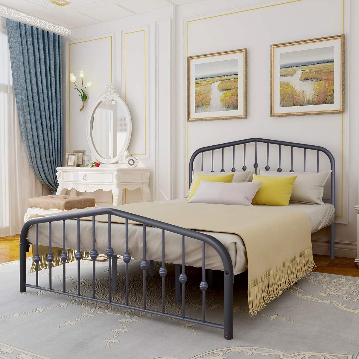 Metal Bed Frame with Headboard and Footboard Platform Frameless Spring
