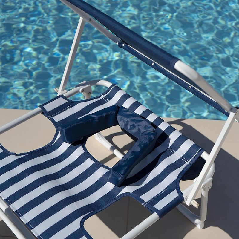 Chaise de Plage - Transat Pliable - 5 Positions - Parasol Réglable UPF 50+ - Trou pour la Tête et Bras - Oreiller Ergonomique - Aluminium et Polyester - Bleu