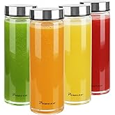 poweco Glass Juice Bottles 4 Pack 20 oz - Wide Mouth Glass Water Bottles with Lids - for Juicing, Protein, Smoothie, Milk, Reusable, BPA Free, Stainless Steel Lids, Blender, Shaker Bottle (600ml)