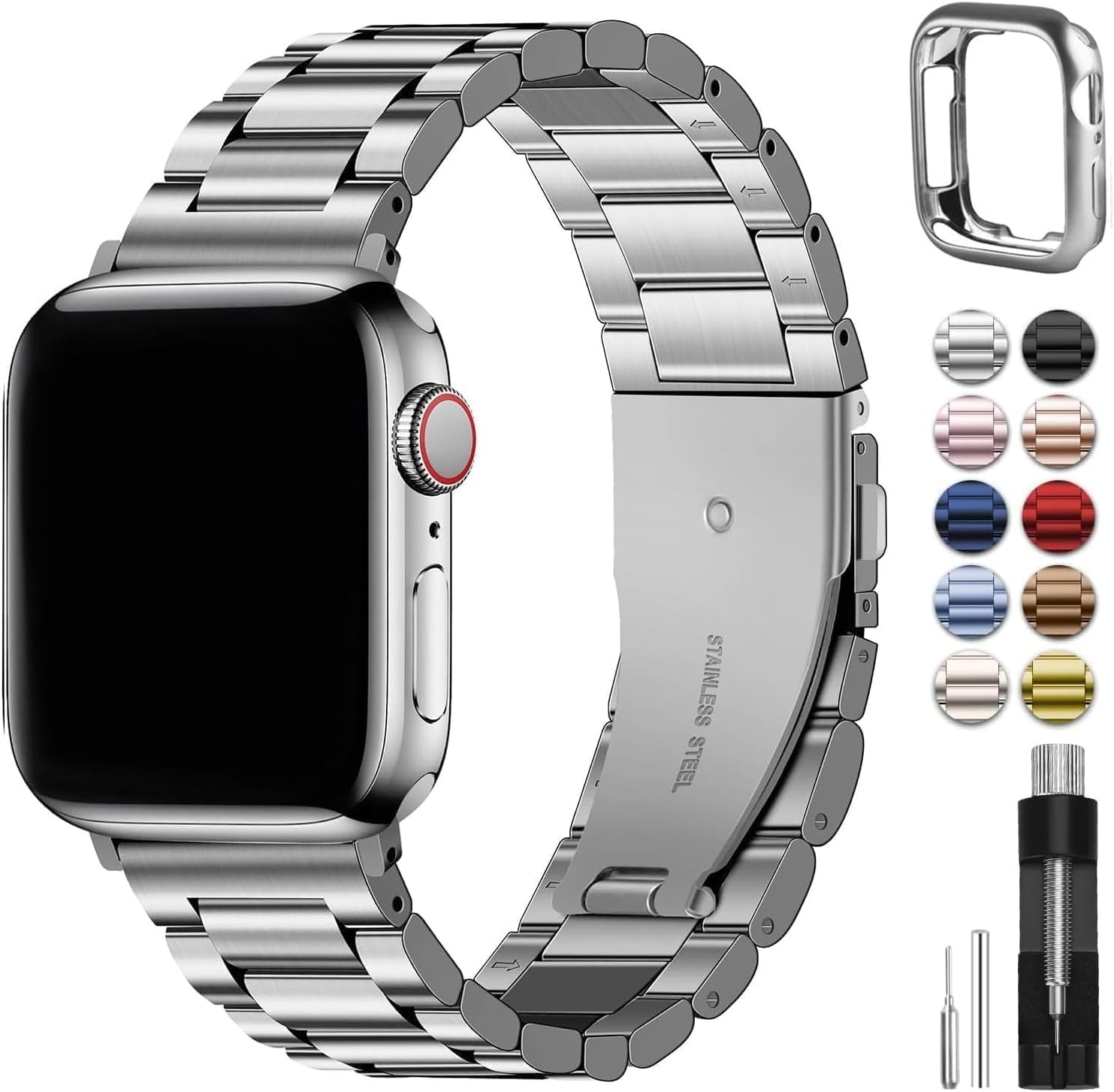Photo 1 of Fullmosa Metal Band Compatible with Apple Watch Bands Series 11 10 42mm, Stainless Steel Strap iWatch Band with Case for Apple Watch, Silver