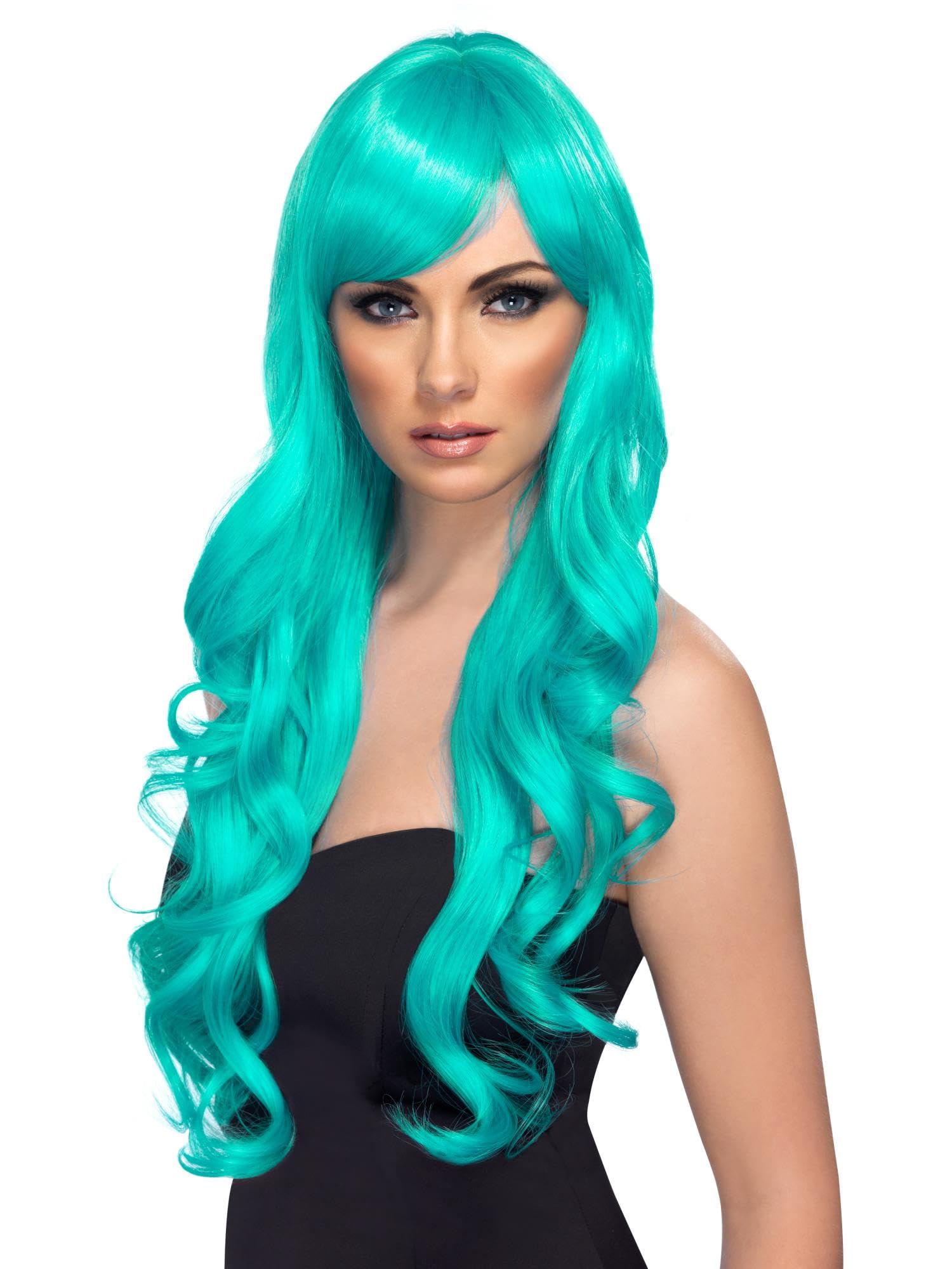 Smiffys Desire Wig, Aqua Long, Curly with Fringe, Ladies Glamour Wigs Fancy Dress, Adult Dress Up Wigs Halloween