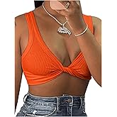 MakeMeChic Women's Crop Tank Top Ribbed Twist Front Sexy Cute Going Out Tops