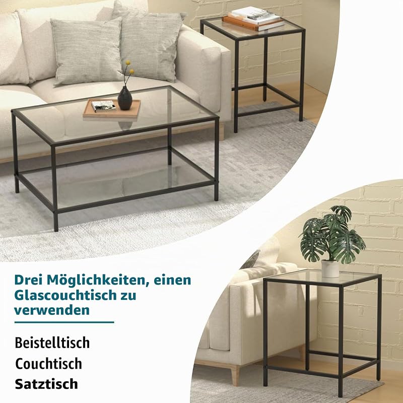 Couchtisch aus Glas,couchtisch,Wohnzimmertisch,Living Room Table Quadratisch Couchtisch 2er Set, Coffee Table,Beistelltisch, Sofatisch für Schlafzimmer, Wohnzimmer, Büro (Schwarz) — Foto 8 von 8