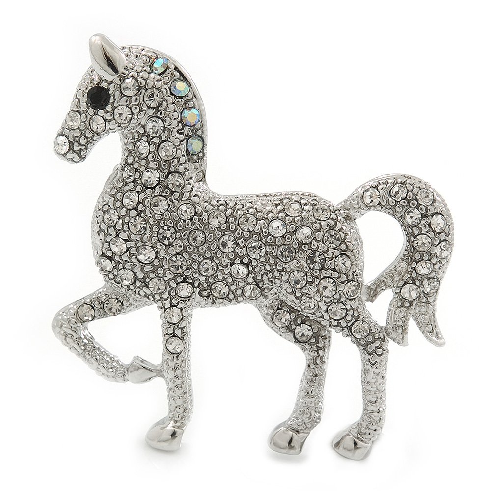 Small Rhodium Plated Pave Set Clear Crystal 'Horse' Brooch - 35mm Across