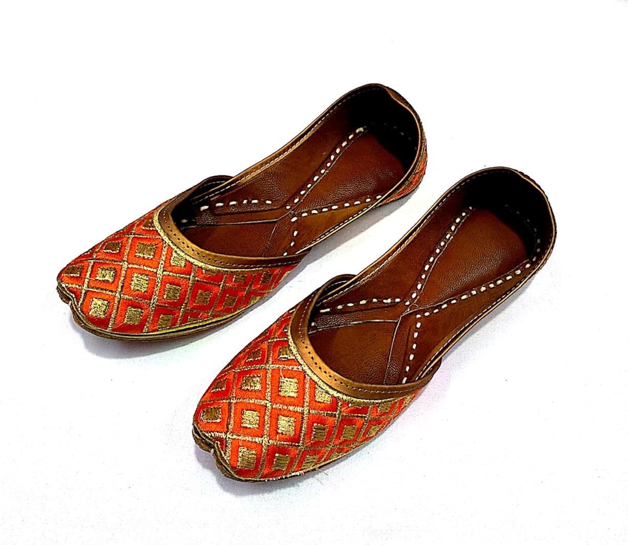 noor enterprises women's orange leather punjabi jutti