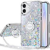Silverback for iPhone 17 Case, Moving Liquid Holographic Sparkle Glitter Case with Kickstand, Girls Women Bling Diamond Ring Protective Case for iPhone 17 - Clear Silver