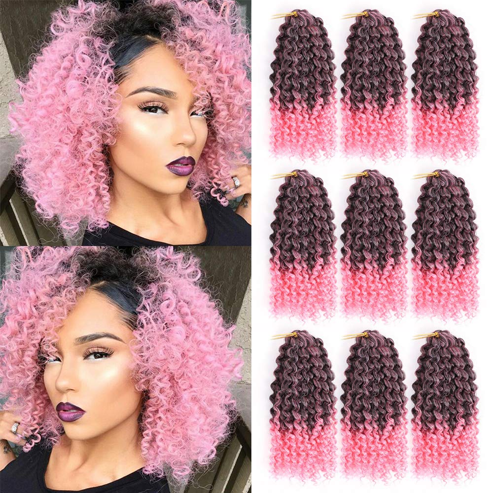 9Packs Curly Braid Hair Marlybob Crochet Hair 8in Pink Ombre Crochet Jerry Curl Braids Hair Synthetic Kinkys Curly Braiding Hair Extensions(1B/Pink)