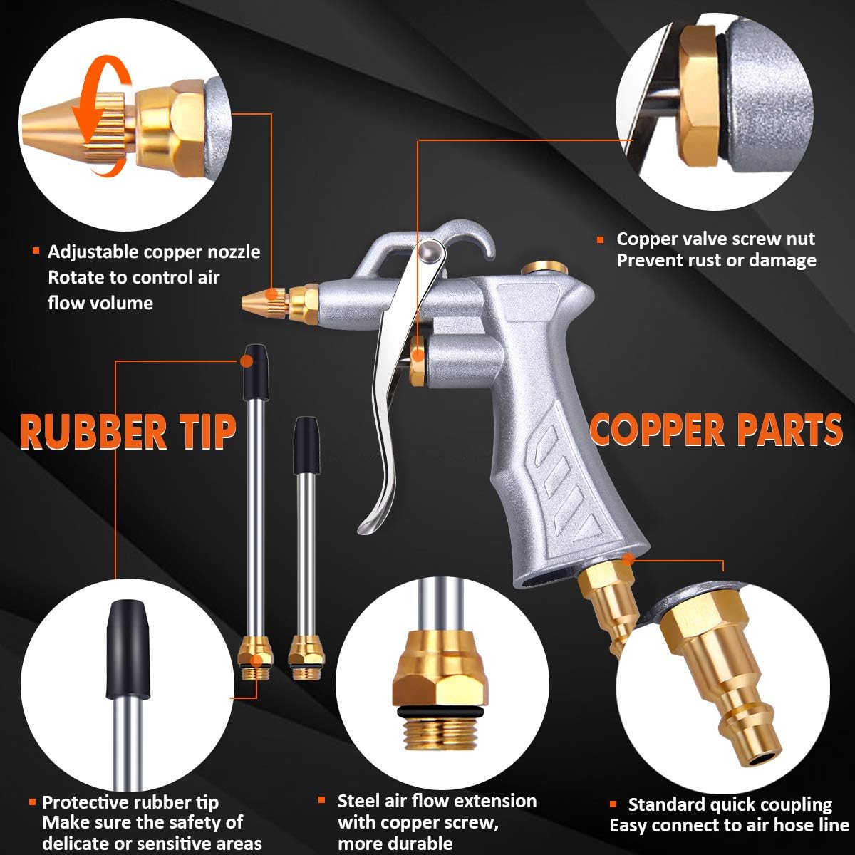 Industrial Air Blow Gun with Brass Adjustable Air Flow Nozzle and 2 Steel Air flow Extension, Pneumatic Air Compressor Accessory Tool Dust Cleaning Air Blower Gun - - 