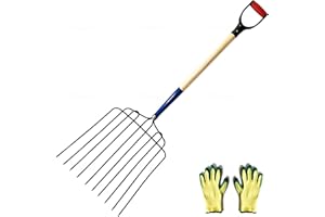 LOLLO WAVE Mulch Bedding Fork, 10-Tine Manure Pitchfork, Ensilage Forks with Heavy Duty Steel Construction, Ergonomic No-Slip D-Grip, Hardwood Handle, 47-Inch - Gardening Gloves Included