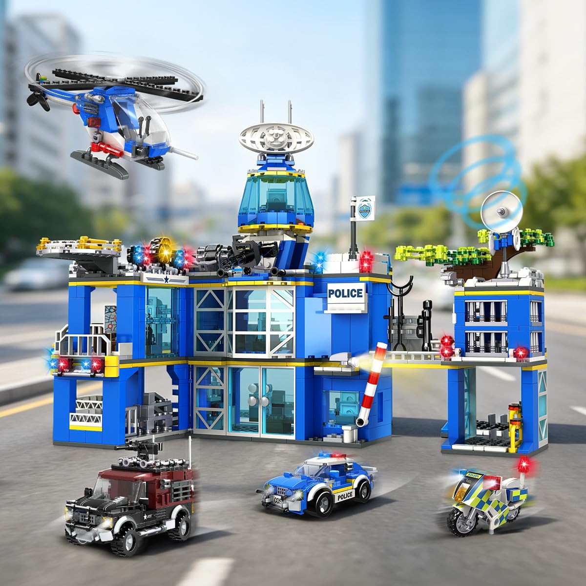 HOGOKIDS Polizeistation Bausatz – City-Polizei Baustein-Spielzeug für Jungen mit Hubschrauber, Motorrad, Auto Pädagogisches Konstruktionsspielzeug Kreativ-Geschenk für Kinder Jungen ab 6-10+ Jahren 3