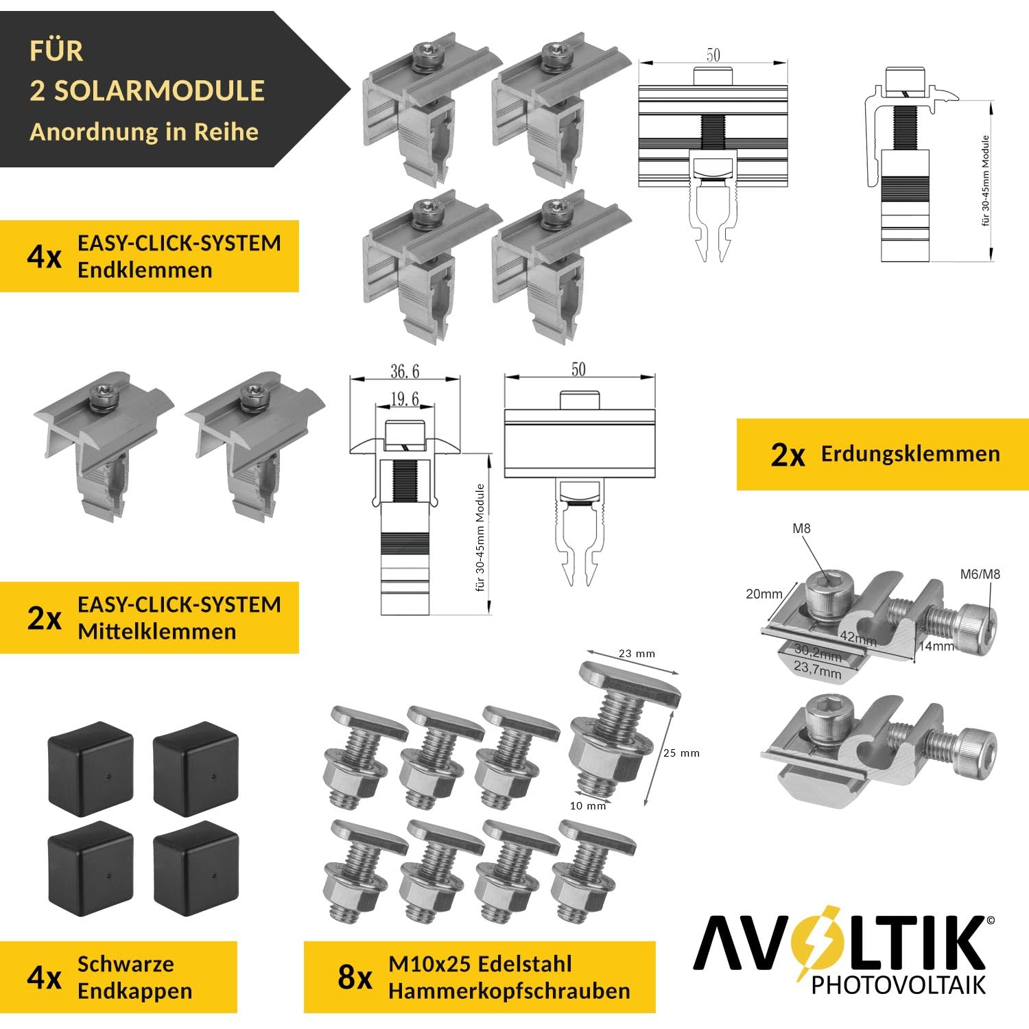 Avoltik Solar Halterung Ziegeldach I Set für 2 PV Module 30-40mm I Solarmodul Halterung Balkonkraftwerk I Solarmodulbefestigungsset für Ziegeldächer aus Edelstahl 1.4301 I PV-Halterung Montageset 4