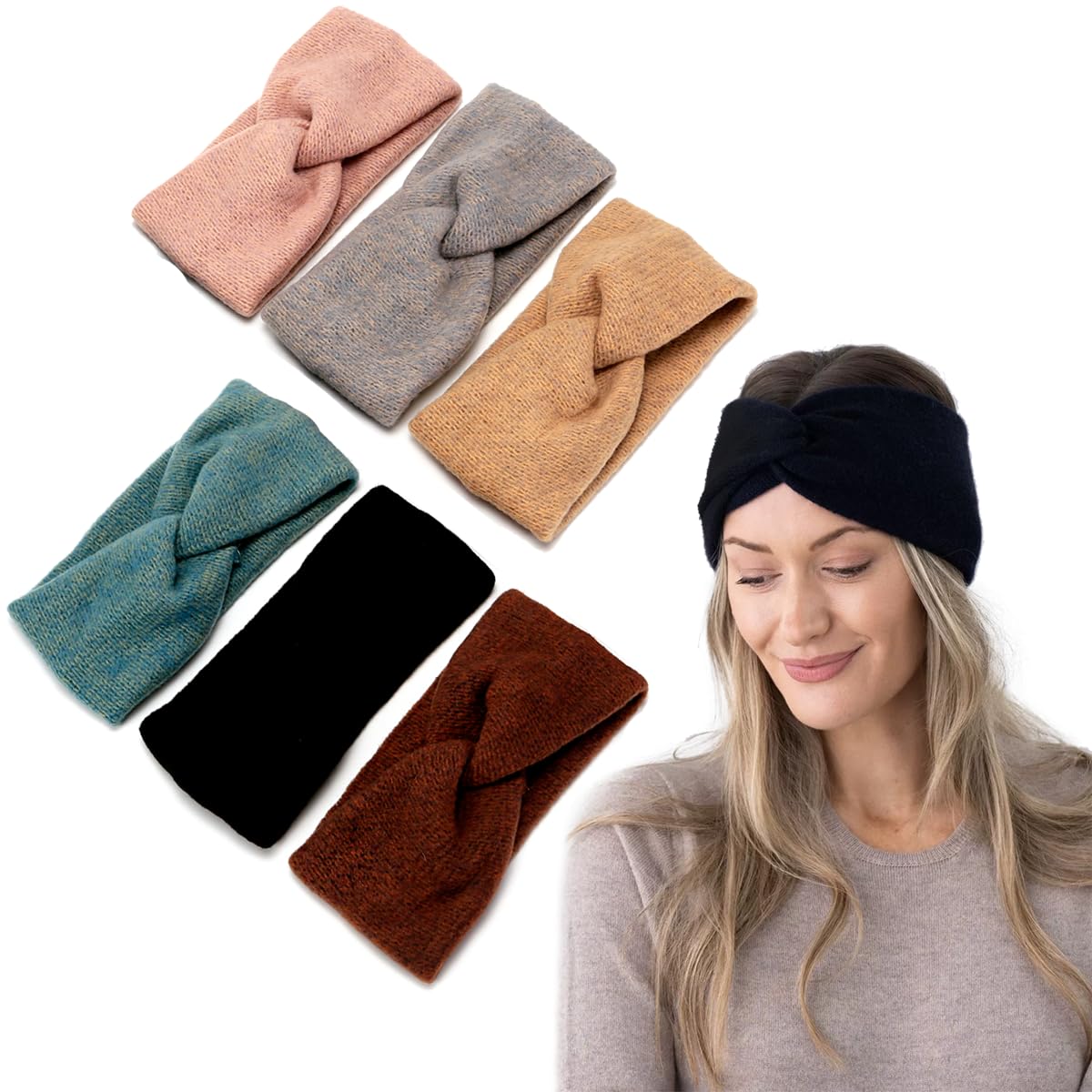 LONEEDY 6 Pack Soft Knit Warmer Headband,Fashion Turban Stretch Knot Headbands Warmer Ear for Women Girls Winter (Knit 6 PCS)