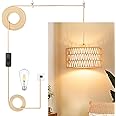 Plug in Pendant Light Rattan Hanging Lamp, Boho Hanging Lights with Paper Woven & Fabric 2 in 1 Shade, 3-Way Dimmable Bulb Included, Ceiling Light Fixture for Living Room,Bedroom,Farmhouse