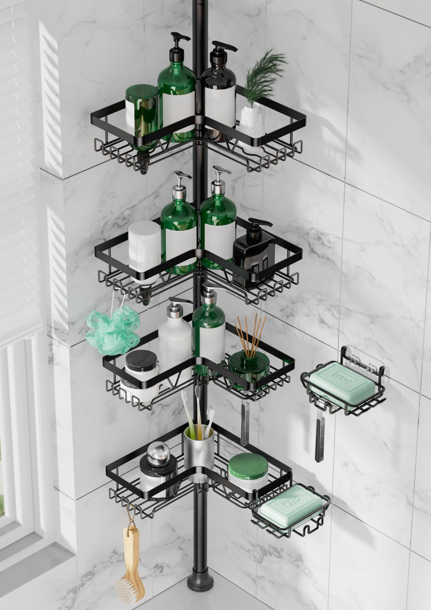 Photo 1 of DAOYA Tension Pole Shower Caddy, 4-Tier Stainless Steel Shower Organizer with 2 Removable Soap Holders, 25 to 114.2 Inches, for Bathtub/Bathroom Corner, Renters Friendly, Black