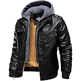 HOOD CREW Men’s Casual Stand Collar PU Faux Leather Zip-Up Motorcycle Bomber Jacket With a Removable Hood