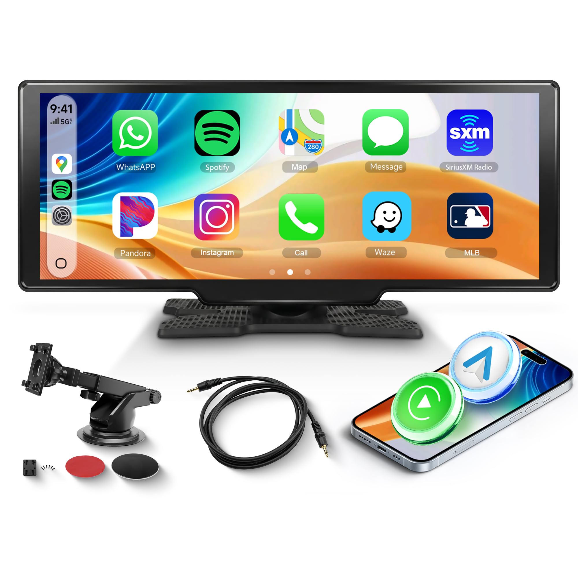 Rimoody 10.26 Inches Wireless CarPlay Android Auto Screen Portable Car Stereo, Touchscreen Portable CarPlay Screen with Siri, Bluetooth, FM Transmitter, Voice Control, OTA Updates, 7V-32V