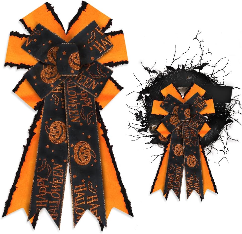 Bows & Ribbons - Large Halloween Bows for Wreaths, Halloween Wreath Bows, Orange Black Bows with Velvet Edge, Words Pumpkin Bows for Front Door, Halloween Decor, Burlap Bows for Wreath Indoor Outdoor Wall Decorations