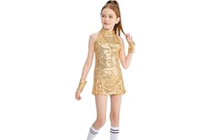 LOLANTA Girls Sequins Dance Clothes Dress 4-12 Yrs Sparkle Hip Hop Jazz Dance Outfit, Sleeveless Top and Shorts