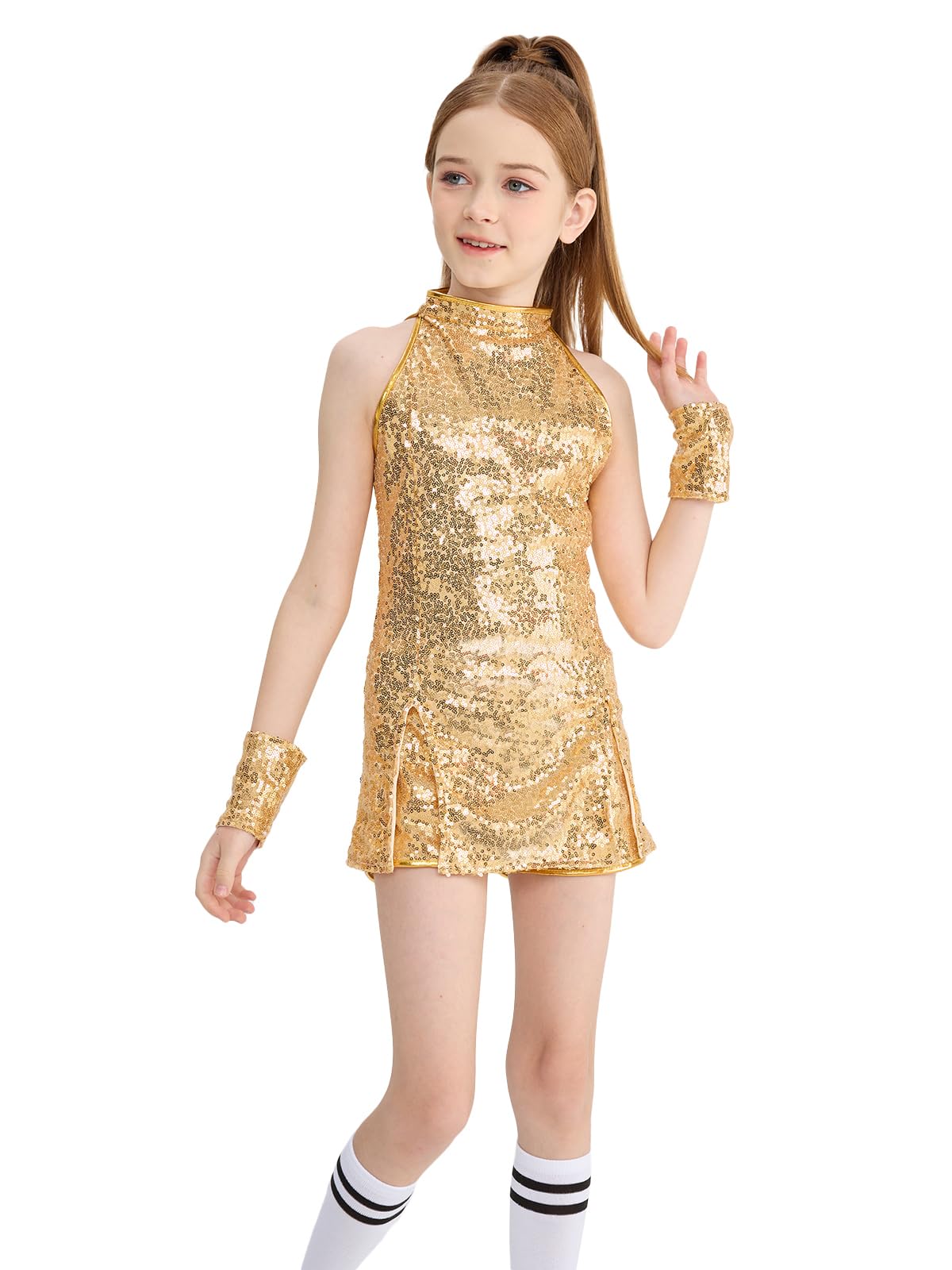LOLANTA Girls Sequin Dance Costumes Sparkle Hip Hop Jazz Dance Outfits  Sleeveless Top Shorts (Golden, 8-9 Years) in Saudi Arabia | Whizz Dresses
