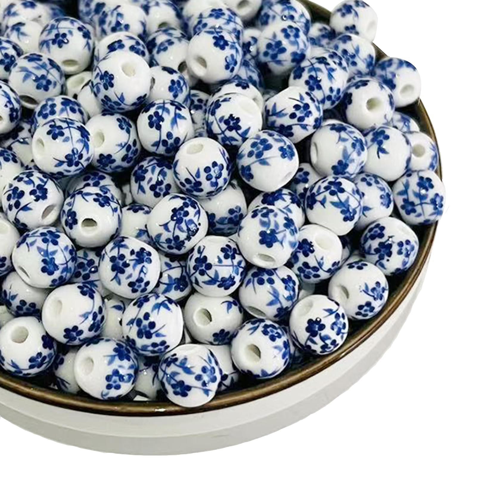 HERZWILD 120Pcs Ceramic Beads Blue Printed Flower Round Chinese Porcelain Beads for DIY Jewellery Arts Crafts Necklace Bangle 8mm — image 1