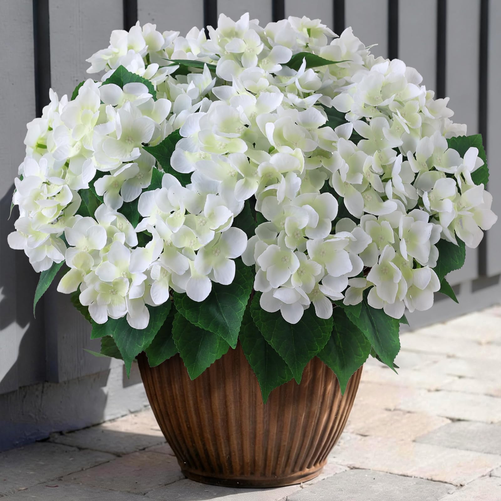 FOTEEWL 8 Bundles Artificial Hydrangea Flowers for Outdoor Decor, Realistic Faux Silk Bouquets Sun-Resistant Fake Plants for Front Door Balcony Farmhouse Garden Home Spring Summer Decor (White)