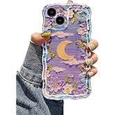 EYZUTAK Case for iPhone 15, Colorful Retro Oil Painting Flower Moon Pattern Laser Cute Curly Wave Edge Exquisite Phone Cover Stylish Durable TPU Protective Case for Girls Women - Purple White