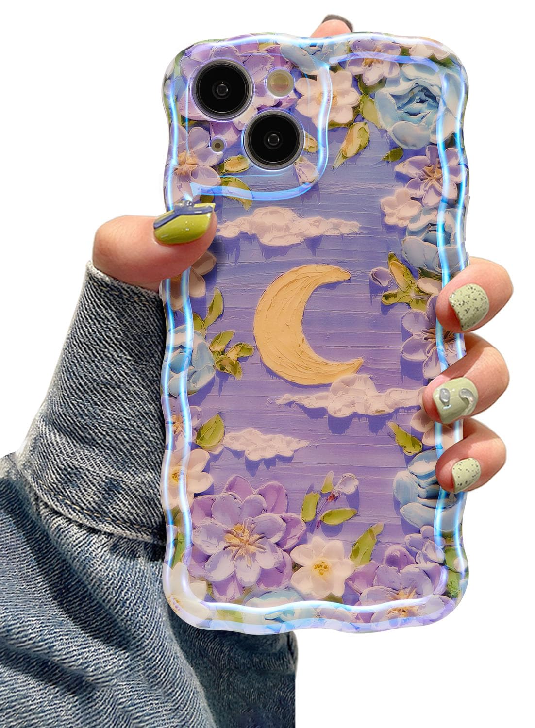 EYZUTAK Case for iPhone 15, Colorful Retro Oil Painting Flower Moon Pattern Laser Cute Curly Wave Edge Exquisite Phone Cover Stylish Durable TPU Protective Case for Girls Women - Purple White