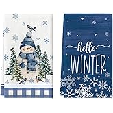 Artoid Mode Blue Snowman Snowflake Bird Hello Winter Kitchen Towels Dish Towels, 18x26 Inch Farmhouse Holiday Decoration Cleaning Set of 2