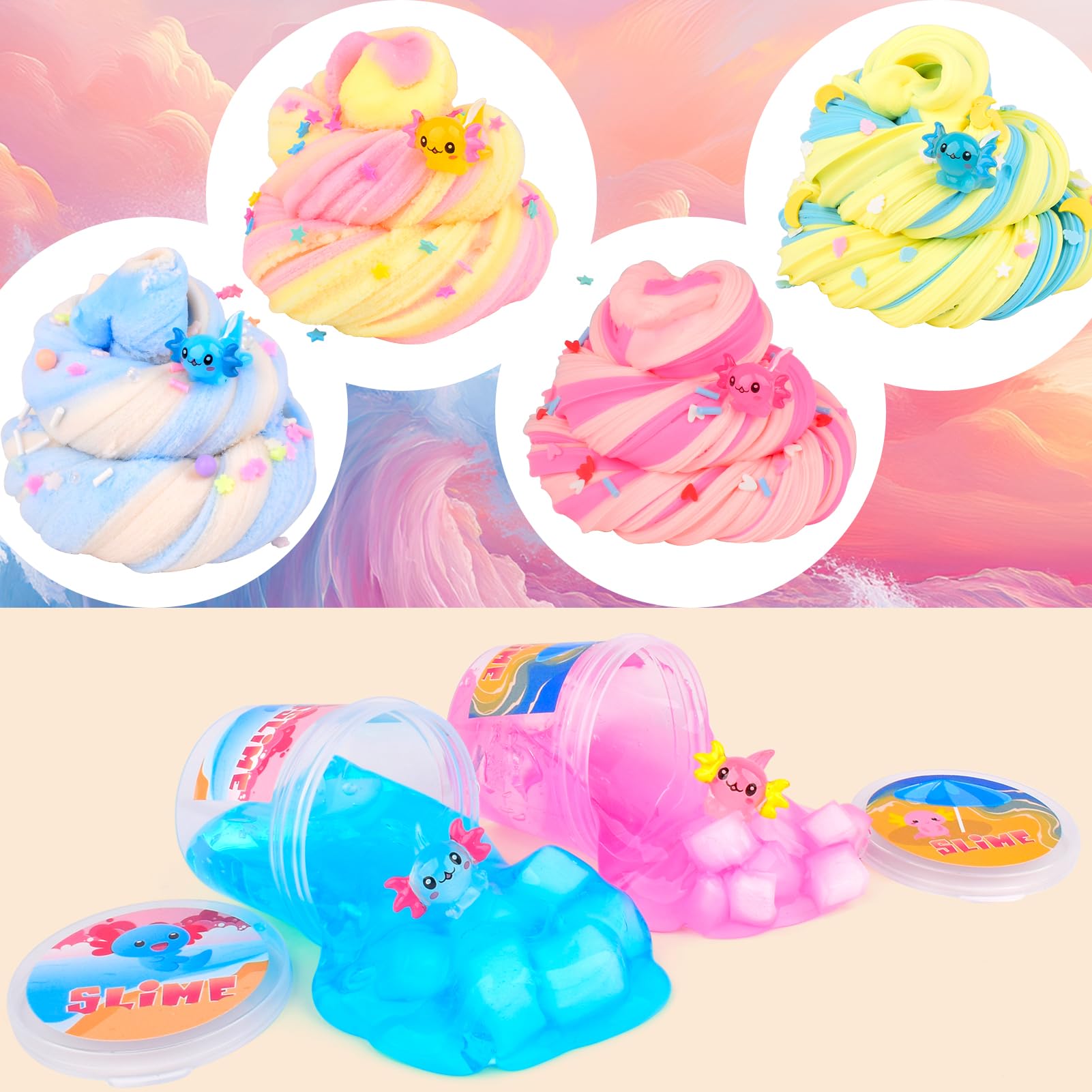 6 Pack Axolotl Slime Kit, Cloud, Butter & Clear, Slime Party Favors for Kids with Axolotl Charms, Soft and Stretchy, Slime for Girls & Boys, Classroom Rewards, Birthday Gifts