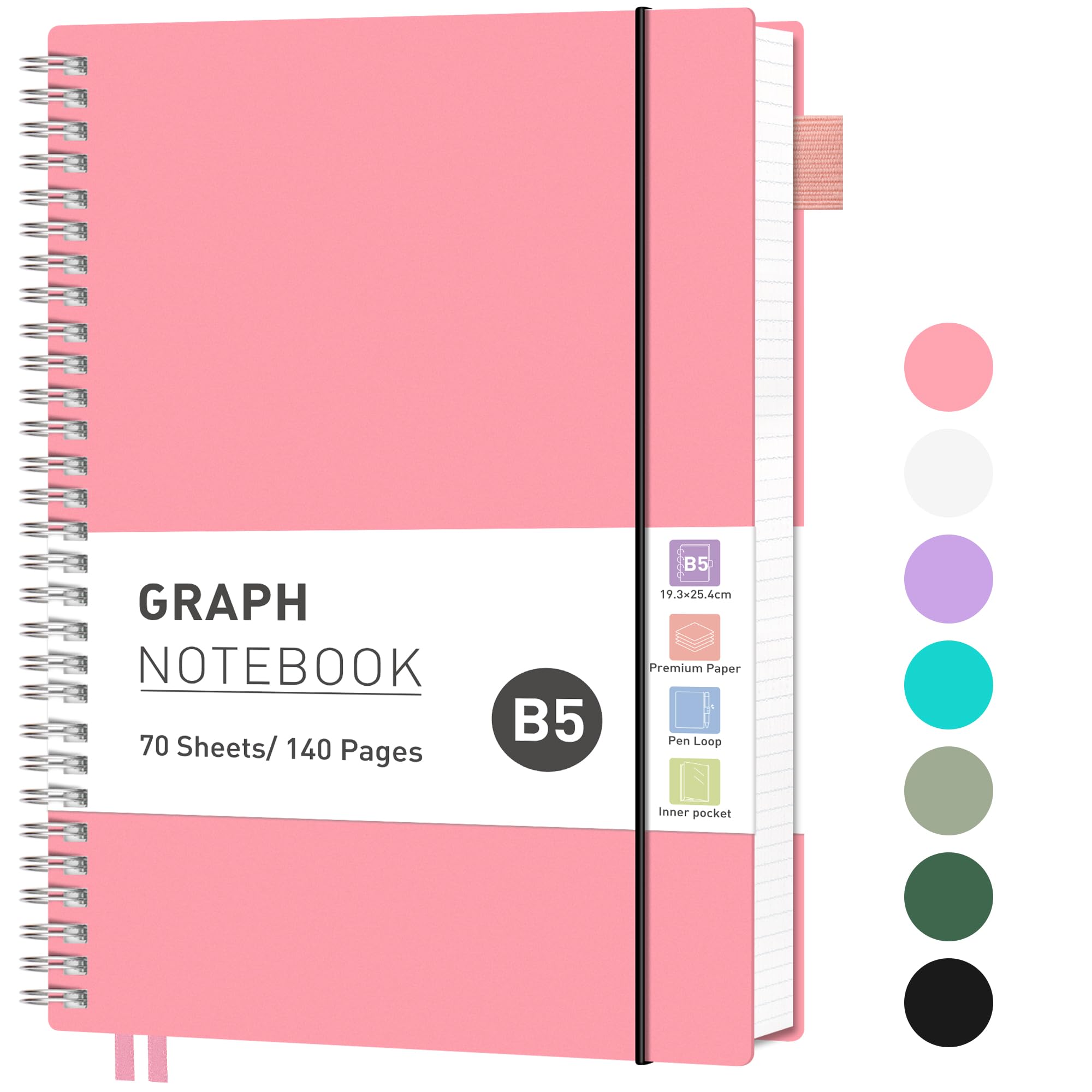 RETTACY Graph Grid Paper Notebook, 140 Pages, B5 Size (19 x 25 cm), 5mm per Square, 100 GSM Thick Paper, Flexible Plastic Cover, Spiral-bound, for School, Students, Math, Engineering (Pink)