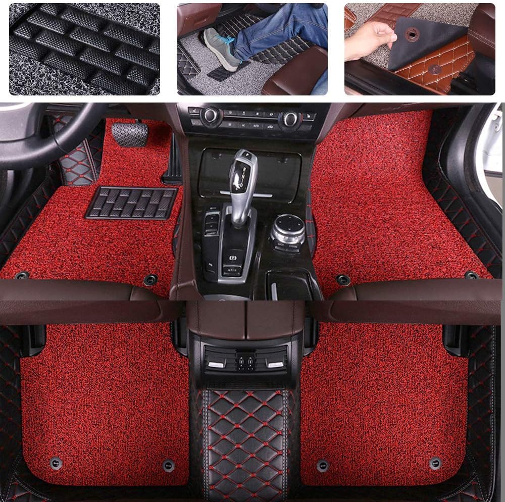 SureKit Custom Car Floor Mats for Nissan X-Trail 2008-2013, 2014-2019 Double Layer Luxury Leather Waterproof Anti-Skid Full Coverage FloorLiner Front ＆ Rear Mat/Set (Black red + Black red)