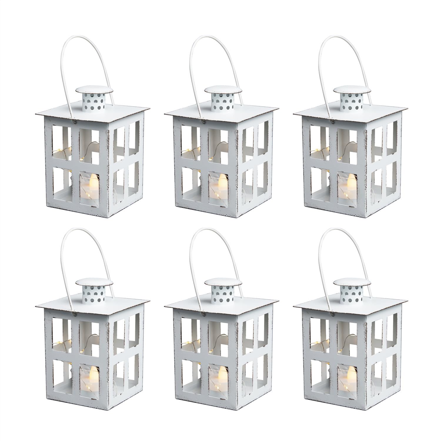 Photo 1 of HPC Decor 6PCS Mini Lanterns Decorative for Wedding Centerpieces- Bulk Metal Candle Lanterns w/ LED Tealight & String- Modern Farmhouse Decor for Home, Party, Table, Fireplace, Shelf Decor (White)